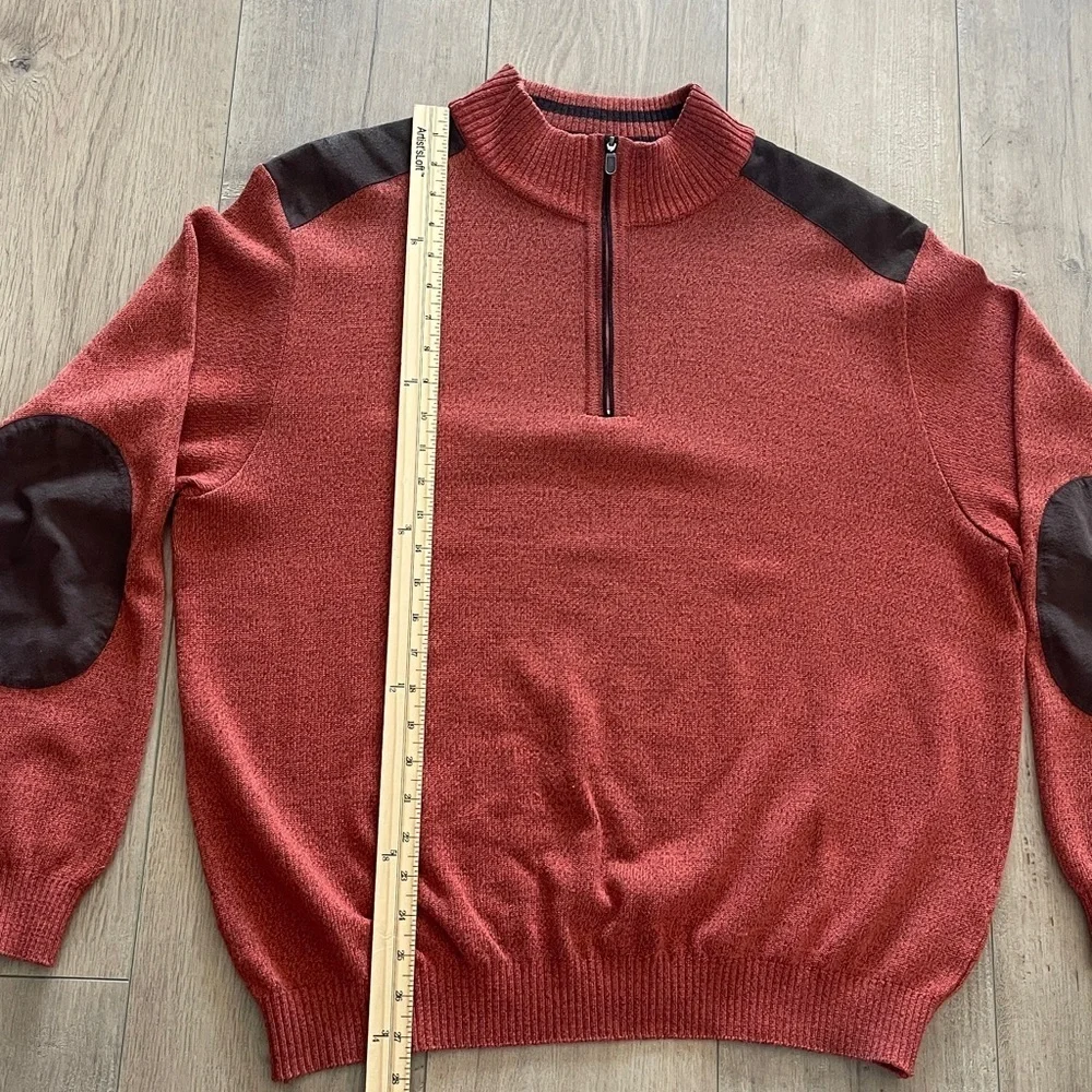 St Croix Quarter Zip Pullover Sweater Size L Wool Blend Orange Brown Elbow Patch